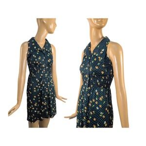 Vintage 1970s emerald green floral print collared minidress, 70s knit‎ dress